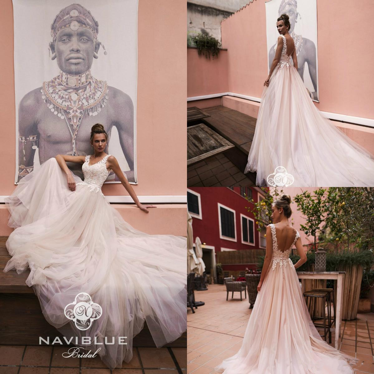naviblue a line tulle wedding dresses v neck lace appliqued bridal gown sweep train beach country robe de mariee