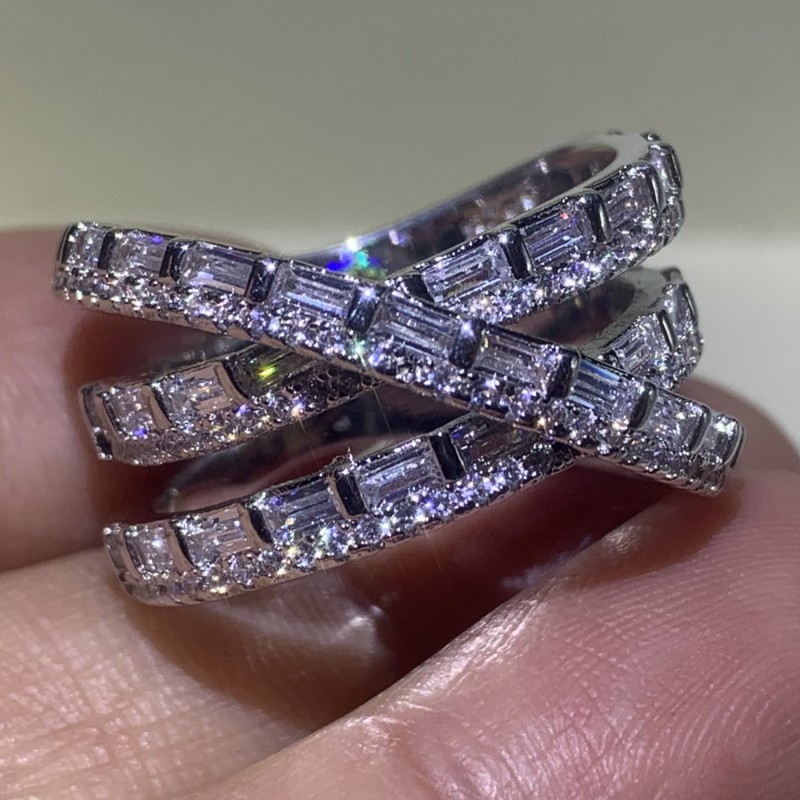 Sparkling Handmade Deluxe Jewelry 925 Sterling Silver Princess Cut White Topaz CZ Diamond Gemstones Party Cross Ring Women Wedding Belt Ring