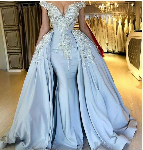 light blue overskirts mermaid evening dresses beaded yousef aljasmi off the shoulder prom gowns vestidos de fiesta formal party dress