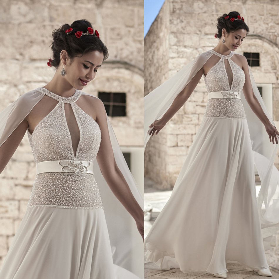 Gorgeous A Line Boho Wedding Dresses With Wrap Halter Neck Lace Chiffon Beads Sequins Bridal Gowns Custom Made Bohemian Wedding Dress