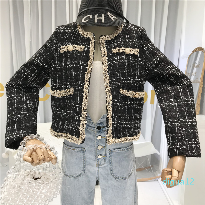 Fashion- Women Buttons Pockets Design Tweed Jackets Tassel Plaid Coats Female Autumn