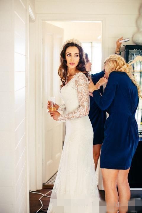Country Lace Mermaid Dresses Long Sleeves V Neck Covered Buttons Back Custom Made Wedding Gowns Plus Size Vestido De Novia estido