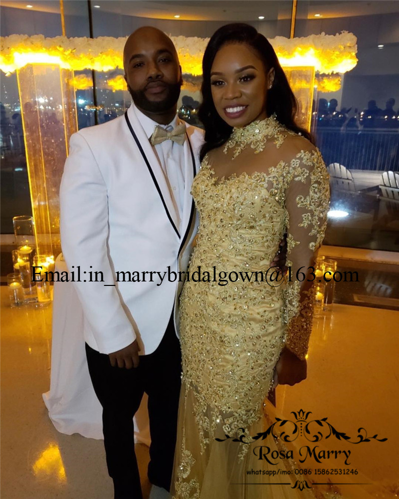 Sexy Gold Lace Mermaid Prom Dresses 2020 High Neck Long Sleeves Sequined Beaded Plus Size African Arabic Girls Pageant Formal Evening Gowns