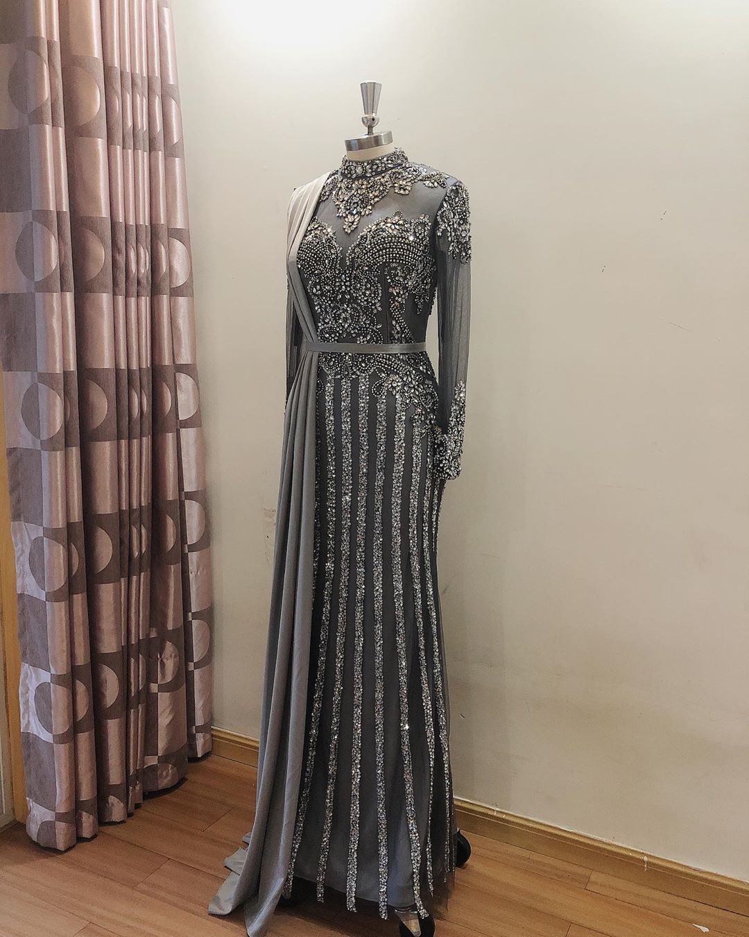 arabic aso ebi grey luxurious mermaid evening dresses beaded crystals prom dresses high neck formal party second reception gonws zj355