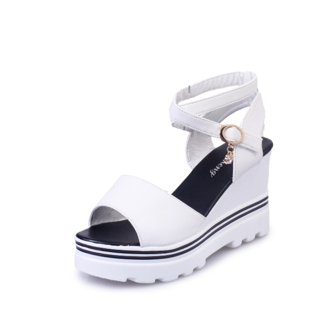Hot Sale-2019 summer new women's sandals suede solid color high heels wedges buckle fish mouth open toe increased thin women's shoes