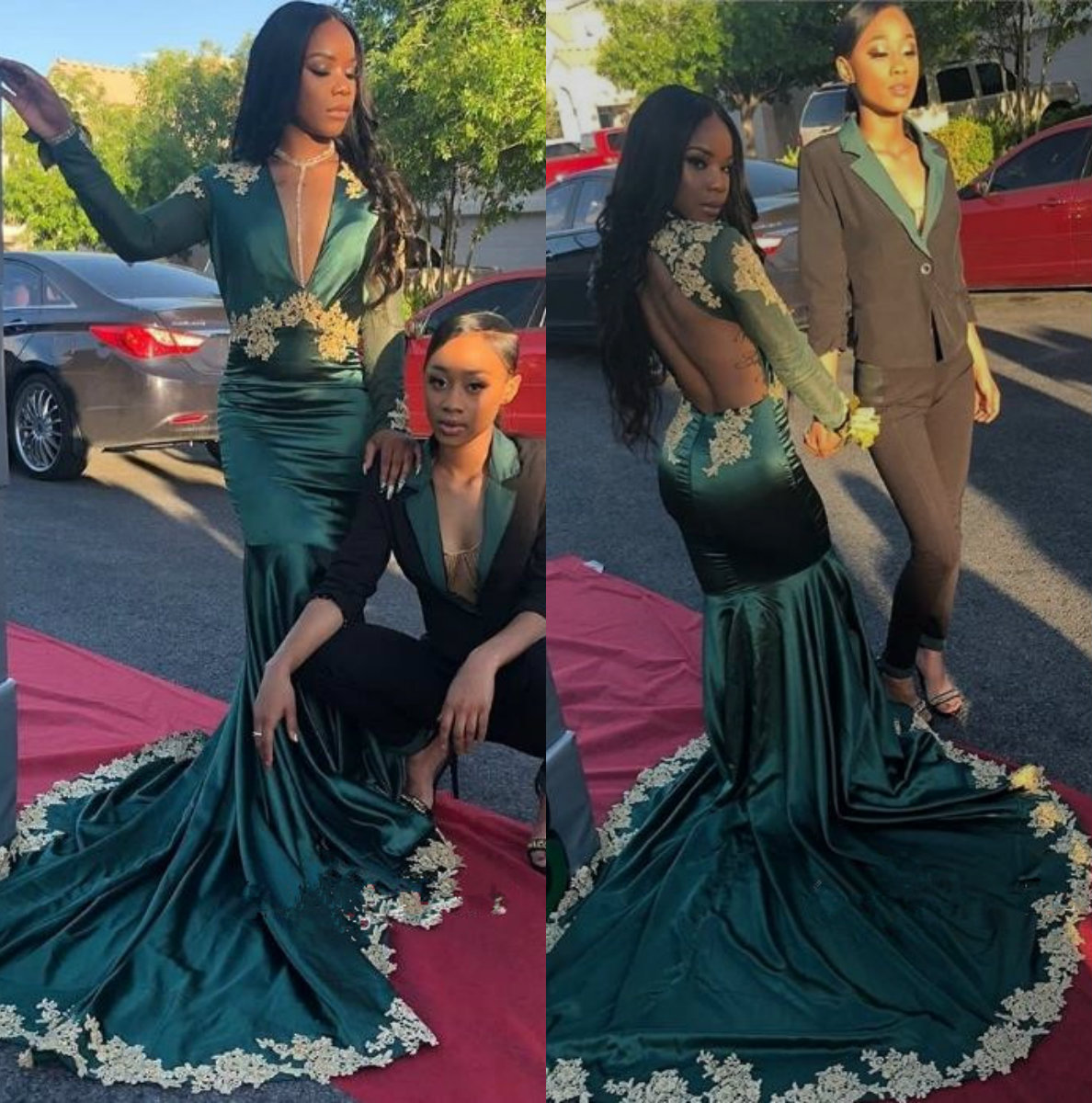 Dark Green Mermaid Prom Dresses V Neck Backless Formal Evening Gowns Long Sleeves Saudi African Party Gowns Plus Size