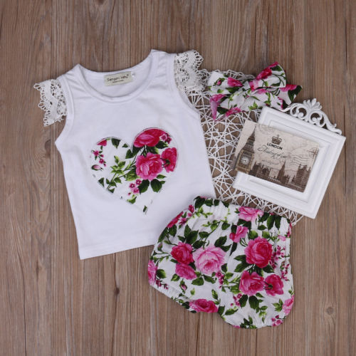 2017 new hot summer Toddler Kids Baby Girls Outfits Clothes T-shirt Tops+Pants/Shorts/Skirt 2PCS Set