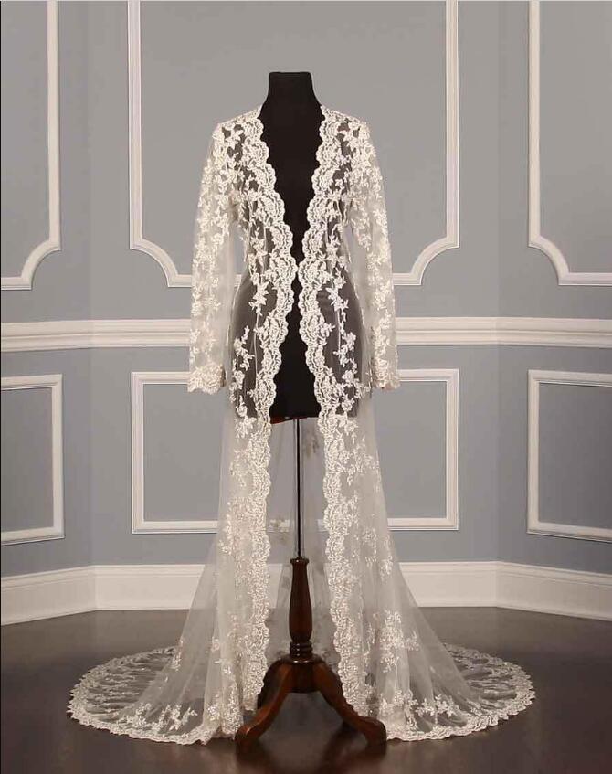 Solovedress New Elegant Long Lace Appliques Wedding Jacket long sleeves Handmade Bridal Shawls Cape Sheer Coat Wedding Accessories
