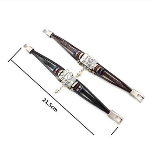 I LOVE JESUS Charm Bracelets Vintage Fish Pendant Christian Multilayer Leather Bracelets for Mens Women Bangle GD115