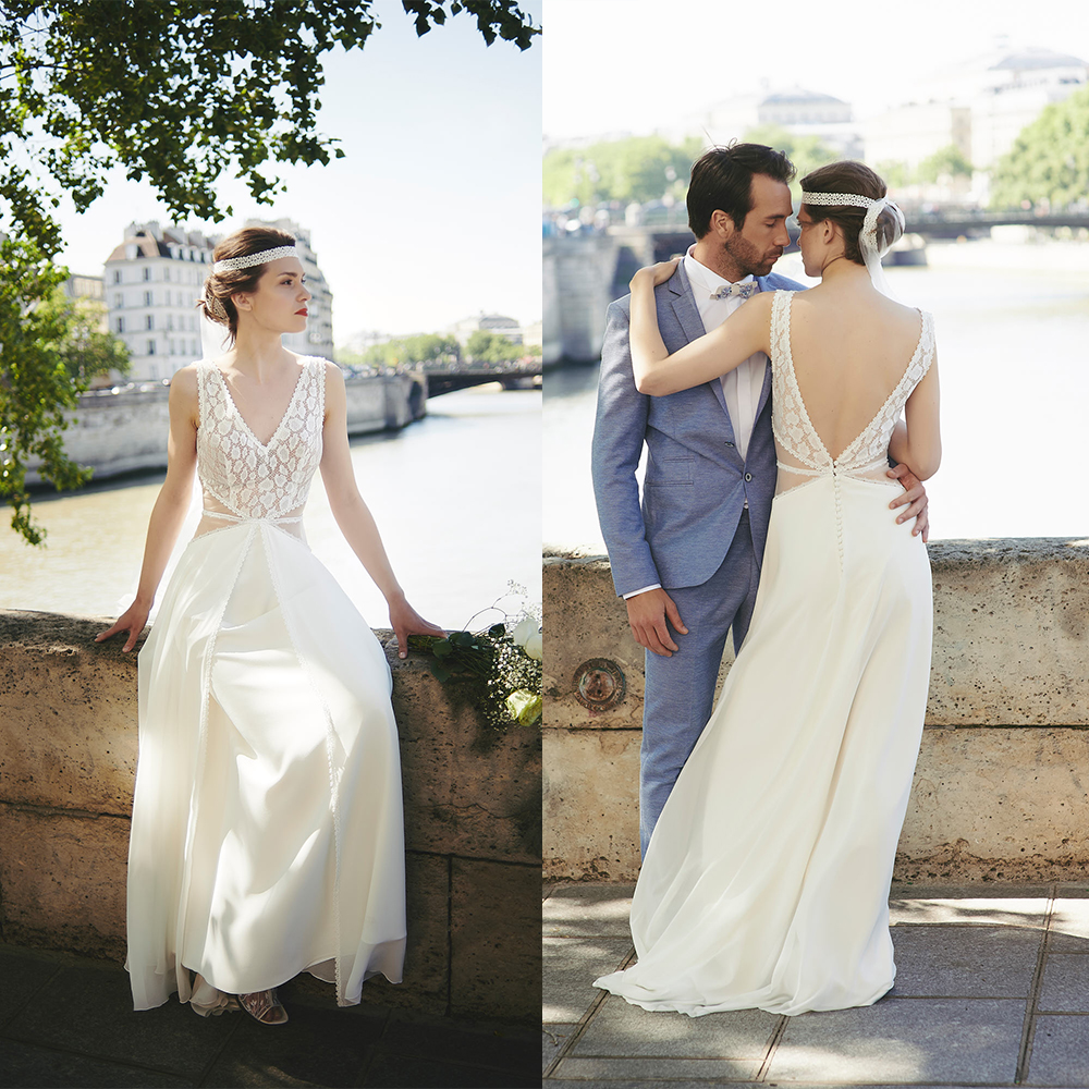 Simple A Line Bohemian Cymbeline Wedding Dresses V Neck Sleeveless Satin Lace Applique Backless Wedding Gowns Sweep Train robe de mariée