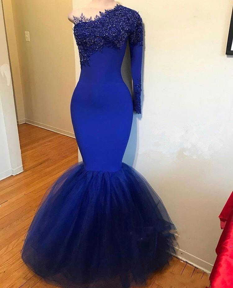 South African Royal Blue Prom Dresses Vintage Long Sleeve One Shoulder Mermaid Women Occasion Evening Gowns Designed Formal Wear