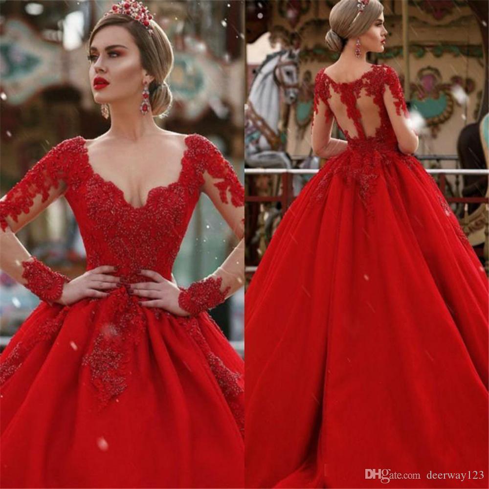 Custom Make Long Sleeves Red Prom Dresses Plunging V-neck Lace Appliqued Puffy Arabic Dubai Formal Party evening Gowns Celebrity