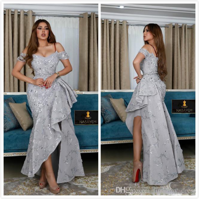 Sier Sheath Prom Dresses Off Shoulder Satin Pleats High Side Split Beaded Ruffles Formal Dress Evening Gowns Vestidos De Noiva Ogstuff 0920