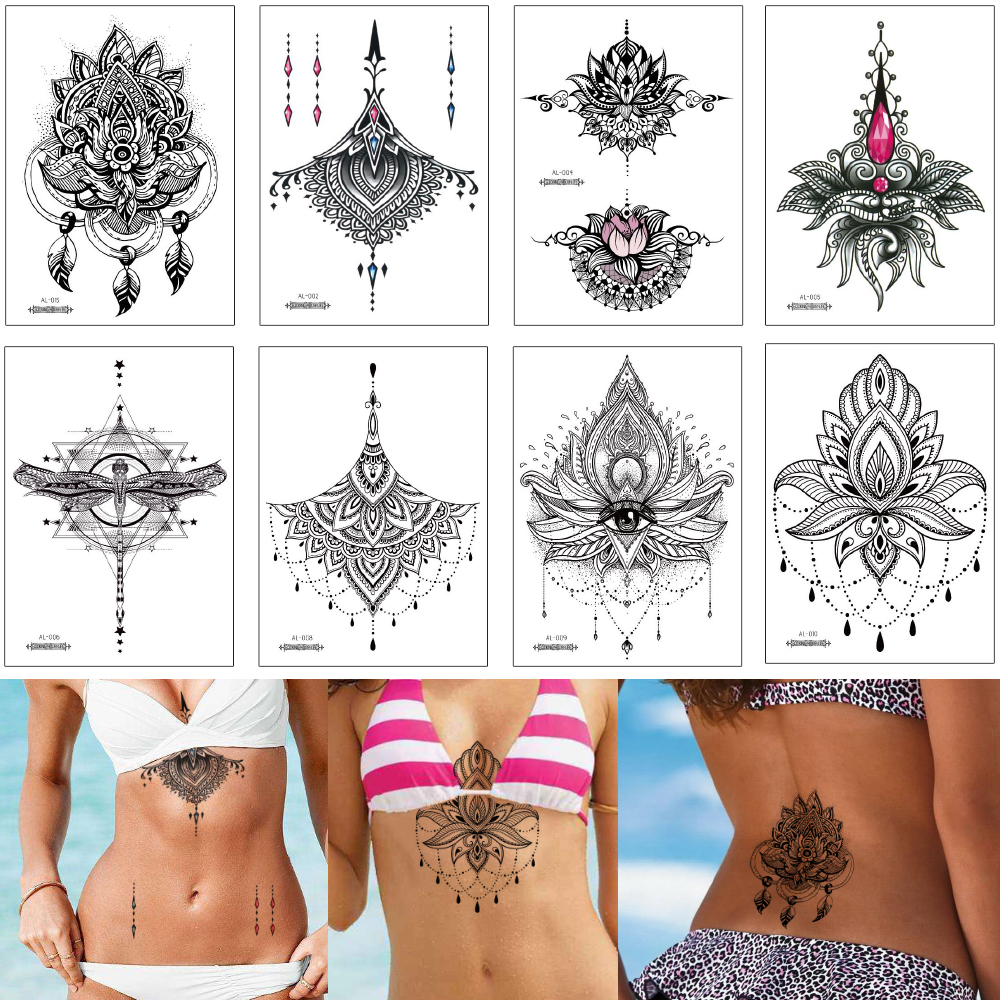 Temporary Chest Jewelry Tattoo Sticker Skeleton Design Fake Black Henna Flower Water Transfer Waterproof Tatoo Paper for Woman Bikini Decor
Temporary Chest Jewelry Tattoo Sticker Skeleton Design Fake Black Henna Flower Water Transfer Waterproof Tatoo Paper for Woman Bikini Decor
