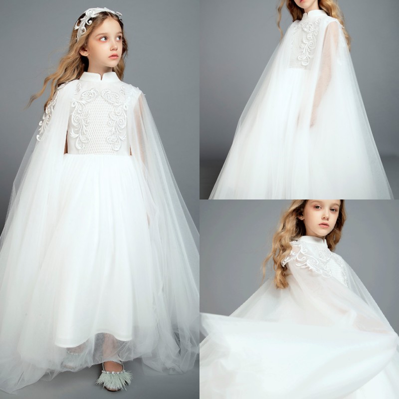 2019 New White Flower Girl Dresses With Wraps High Collar Girls Pageant Gowns Little Kids Formal Birthday Wedding Dress
