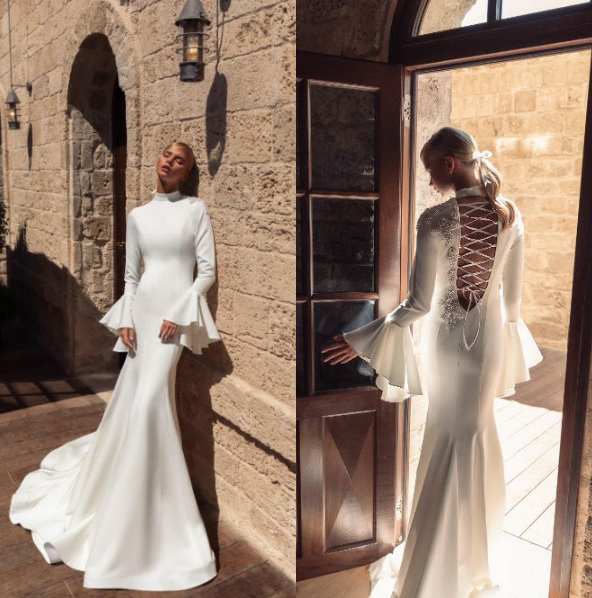 julie vino mermaid wedding dresses high neck lace up back bridal gowns with pearls long sleeves modest satin wedding dress custom