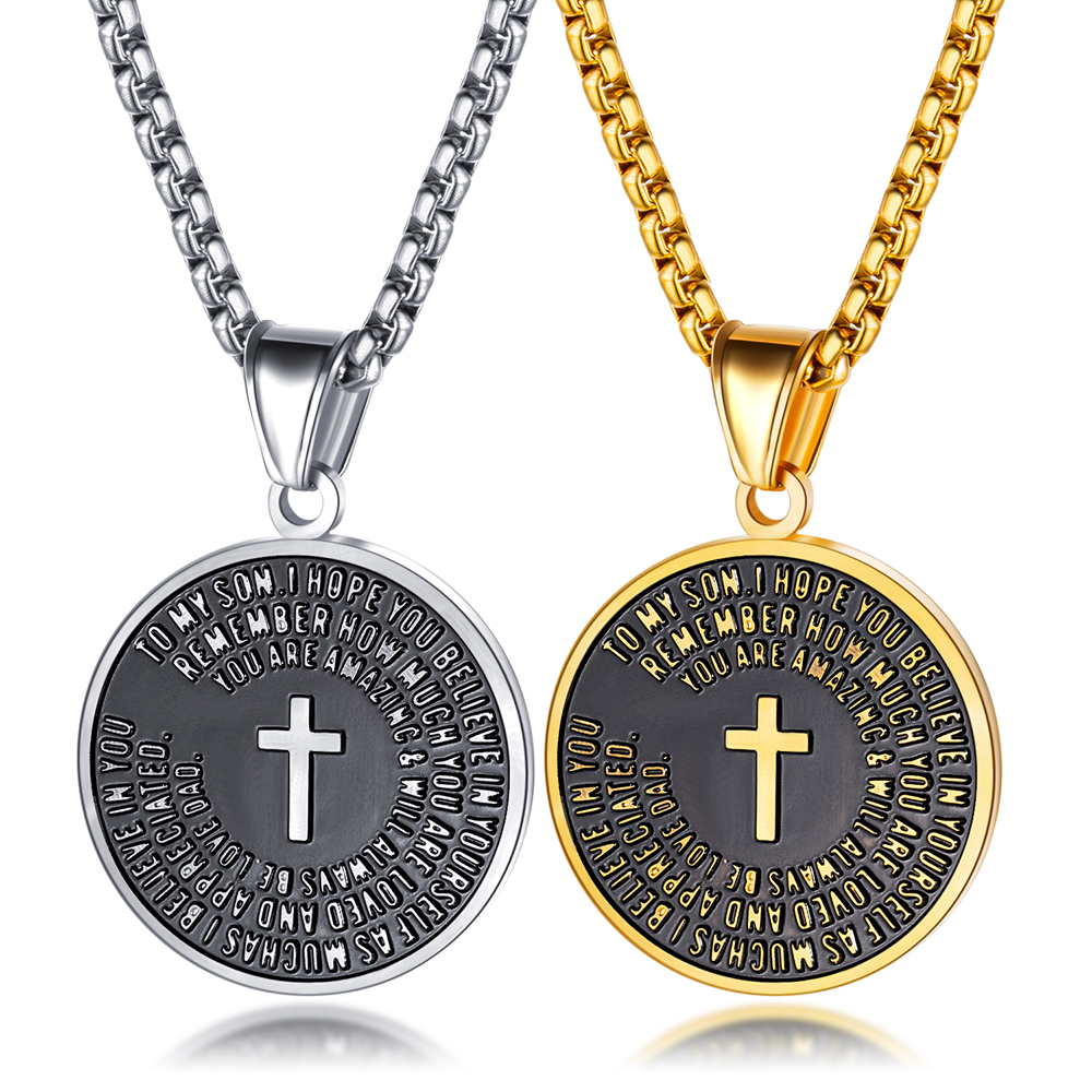 Retro Men Stainless Steel Round Card Pendant Necklace Titanium Steel Religious Pendants Jewelry Wholesale Gold Plated