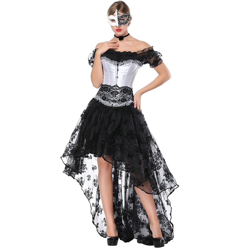 Women 3pcs Set Bundle Sale Burlesque Corset Dress with Sheer Floral Lace Blouse and Hi-lo Long Skirt Plus a Ruffle Hem Overbust Corset
