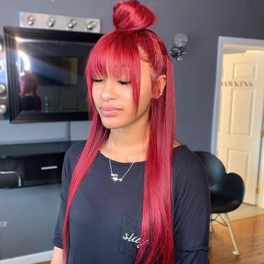 Free shipping Fringe With Bangs For Black Women Red silation Human Hair Wigs Colored Bang 99j Bury synthetic Lace Front Wig