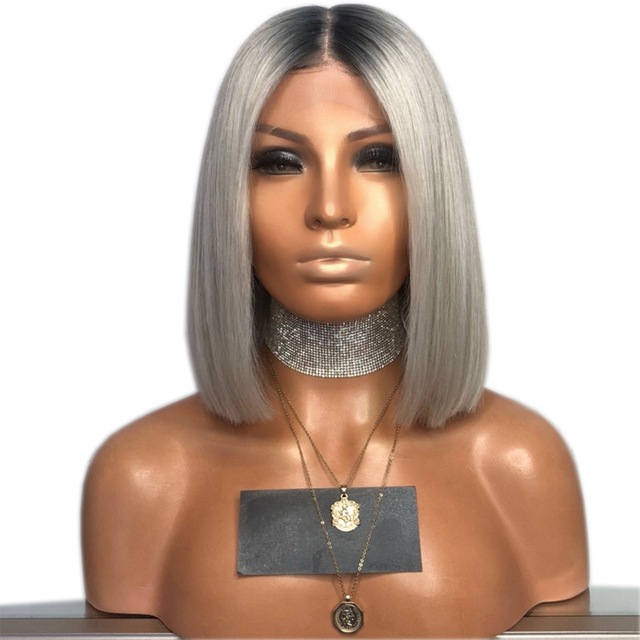 Free shipping Hotselling silk base Short Bob Ombre Wig with dark roots grey Straight Synthetic lace front Wigs for Women Heat Resistant