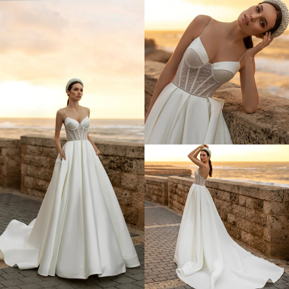 2020 Idatorez Satin Wedding Dresses With Pocket Beaded Spaghetti Sweep Train Boho Wedding Dress A Line Custom Made Vestidos De Novia
