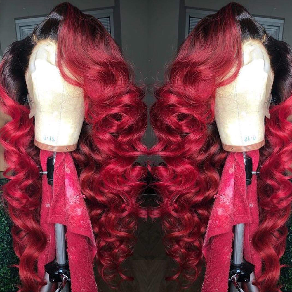 High quality Ombre Burgundy red loose wave synthetic lace front Wigs heat resistant Hair 360 Lace Frontal Wigs With Baby Hair