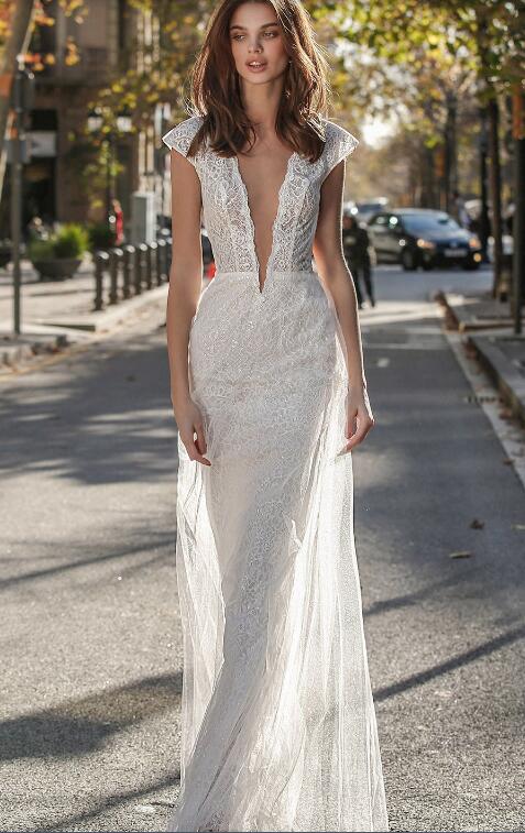 Sexy Lace Mermaid Wedding Dresses with Overskirt Deep V Neck Cap Sleeve vestidos de novia 2020 Backless Bridal Wedding Gowns