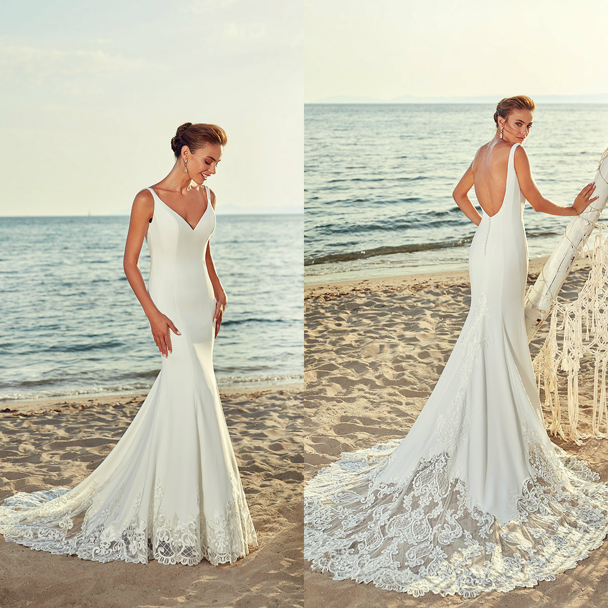 Eddy K Mermaid Wedding Dresses With Appliques V Neck Sweep Train Sexy Backless Taffeta Beach Wedding Dress Custom Made Boho Bridal Gowns