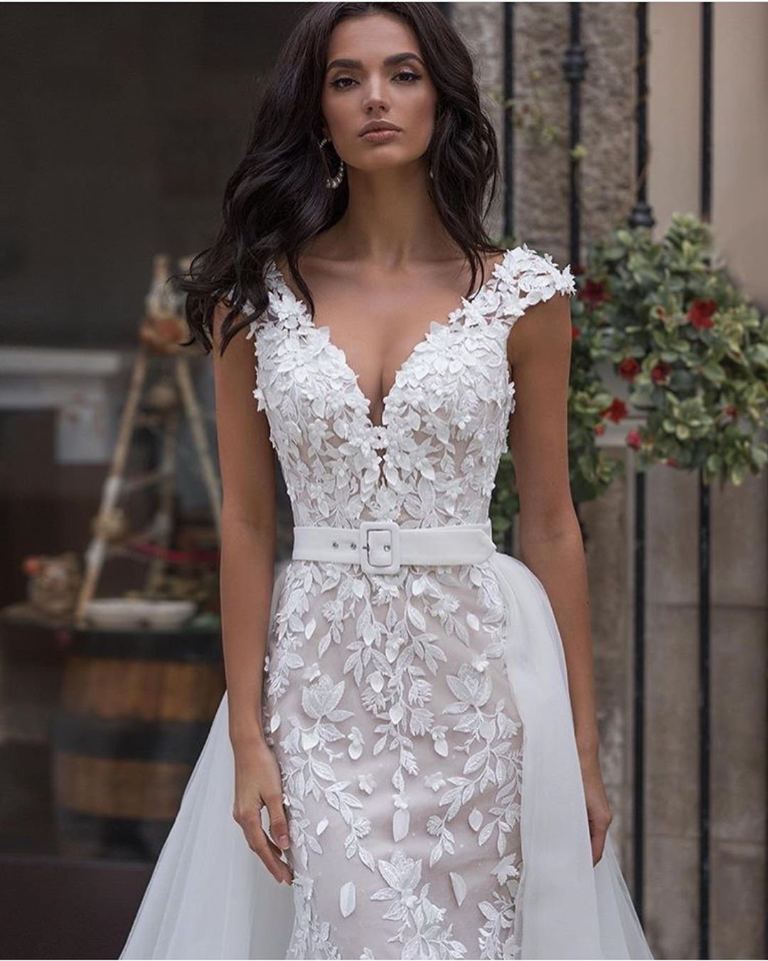 Mermaid Lace Fashion Wedding Dresses With Detachable Train Beaded Sheer V Neck Bridal Gowns Tulle Trumpet Robe De Marie