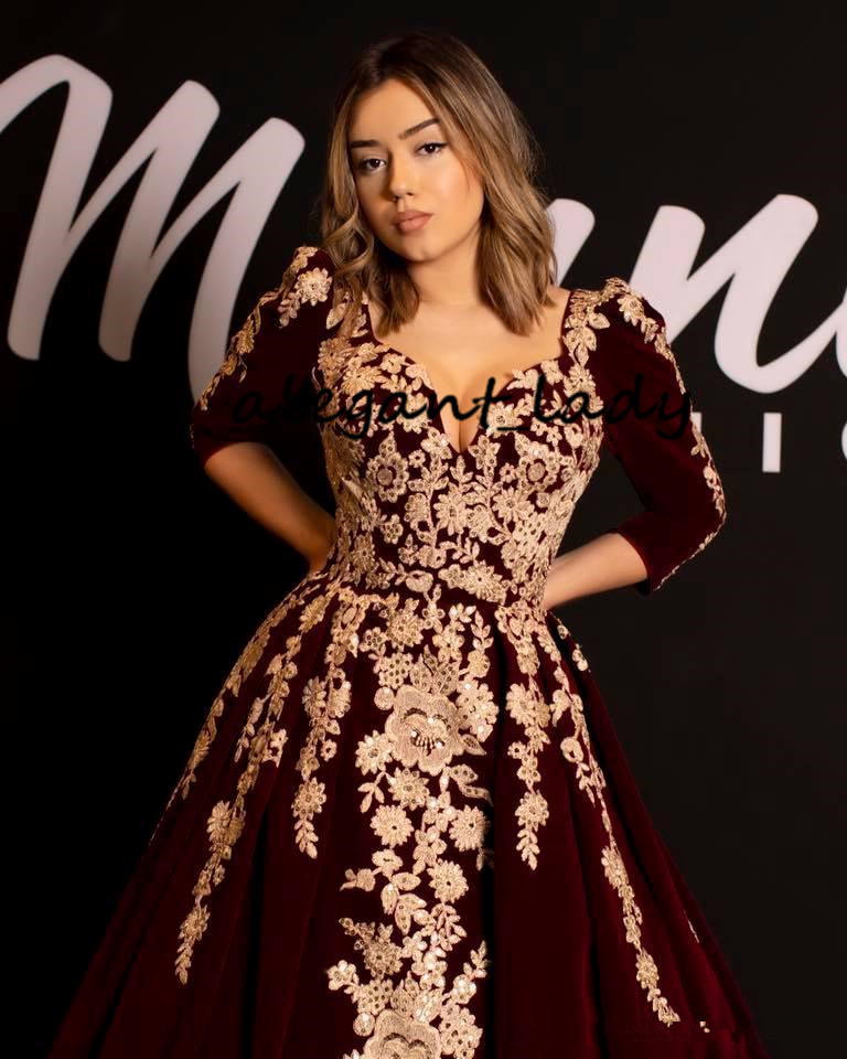 Burgundy Velvet Kaftan Caftan Evening Formal Dresses with Half Sleeve 2019 Gold Luxury Lace Applique Arabic Dubai Abaya Occasion Prom Gown