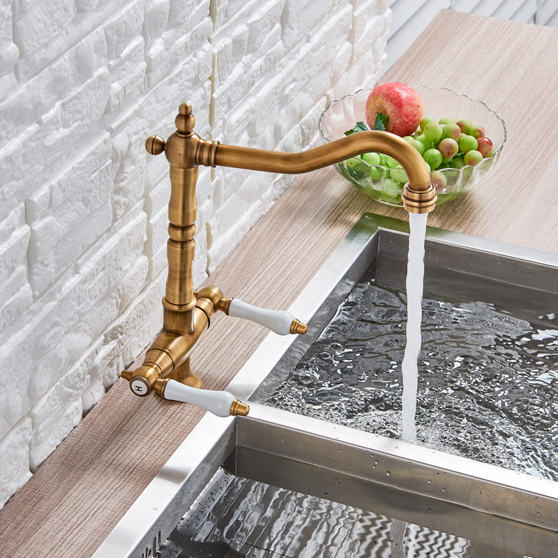 Antique Brass Dual Handle Kitchen Faucet Deck Mounted Ceramic Handle Kitchen Sink Tap Swivel Spout Hot Cold Water Kitchen Mixer