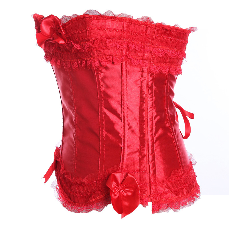 Plus Size S-6XL Multicolor Sexy Overbust Charming V Neck Lace Embellish Edge Red Black Satin Bustier Lace up Corset Fashion Dancing Clubwear