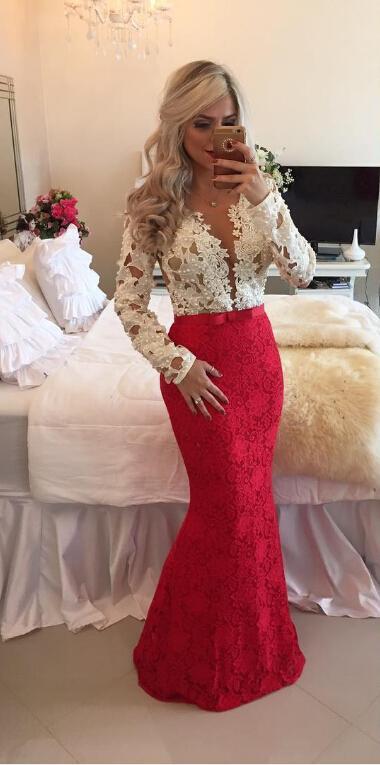 Ivory Long Red Sleeves Lace Mermaid Evening With Beadings Sheer Deep V-Neck Or Length Special Ocn Dresses Vestidos Robe