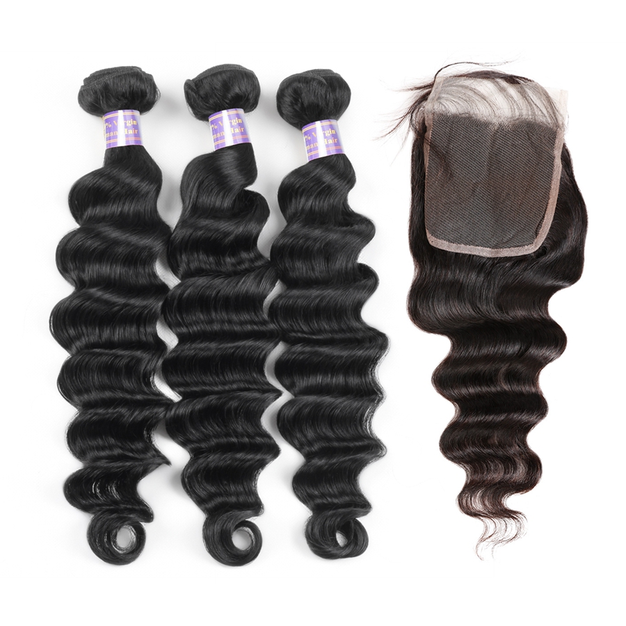 Deep Loose human hair bundles with closure Brazilian Hair 3PCS With 4x4 Lace Closure Loose Deep Virgin Human Hair Extensions