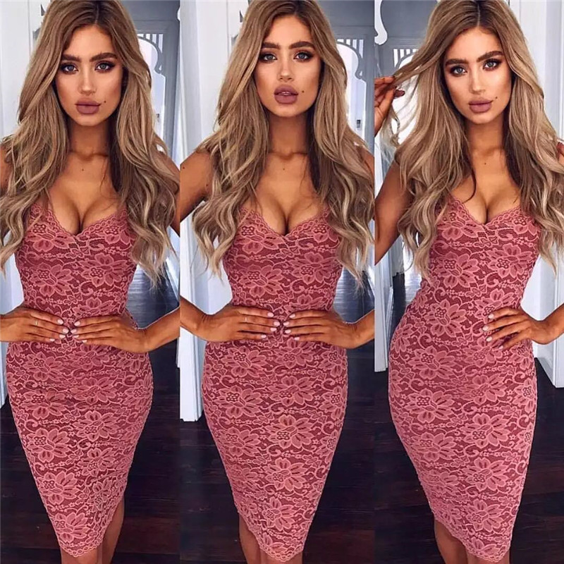 Sexy Summer Lace Elegant Party Bodycon Dress For Women V-neck Spaghetti Strap Knee-length Women's Dresses Vestidos De Fiesta C19041701