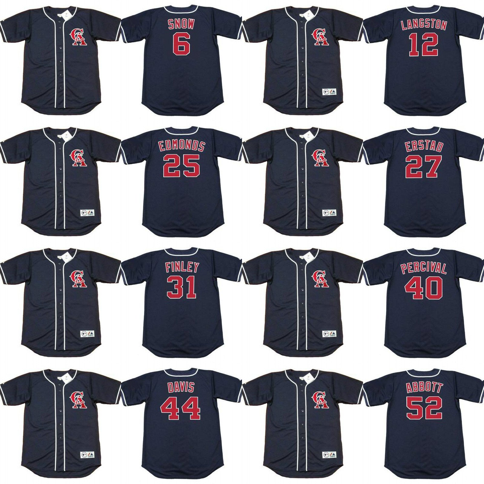 California 44 CHILI DAVIS 27 DARIN ERSTAD 31 CHUCK FINLEY 40 TROY PERCIVAL 12 MARK LANGSTON 52 JIM ABBOTT 6 J.T. SNOW baseball jersey, Black
California 44 CHILI DAVIS 27 DARIN ERSTAD 31 CHUCK FINLEY 40 TROY PERCIVAL 12 MARK LANGSTON 52 JIM ABBOTT 6 J.T. SNOW baseball jersey, Black
