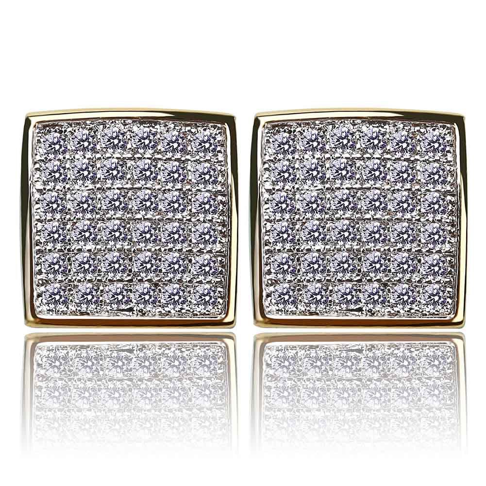 Hip Hop Square Stud Earrings Screw Back Full White Zircon Gold Plated Earrings Vintage Geometric Jewelry