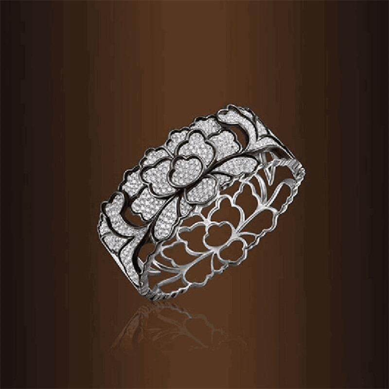 Unique Classic Fashion Jewelry Sweet Cute 925 Sterling Silver Lace Flower Pave White Sapphire CZ Diamond Hollow Women Wedding Band Ring Gift