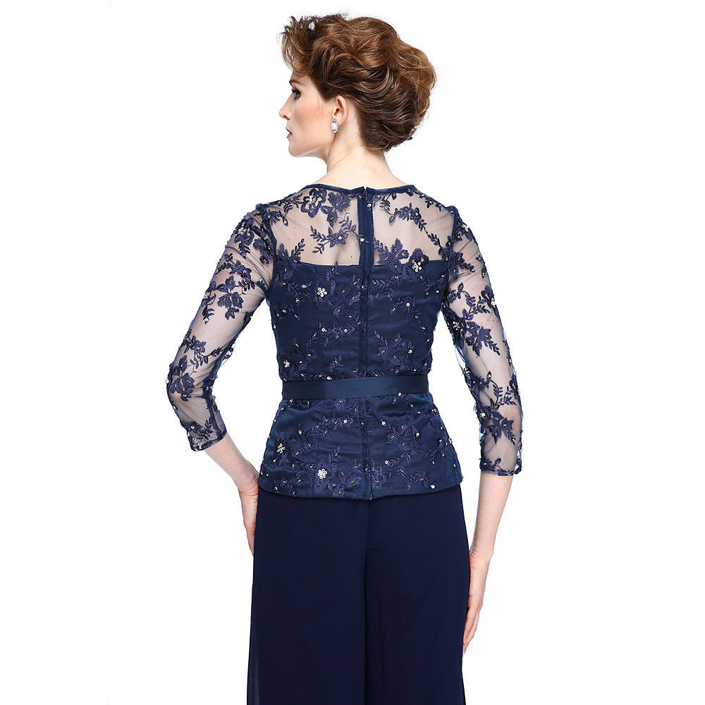 Navy Blue Mother of the Bride Dresses Pant Suits For Wedding Lace Plus Size 3/4 Long Sleeve Formal Garment Outfit Evening Wear
