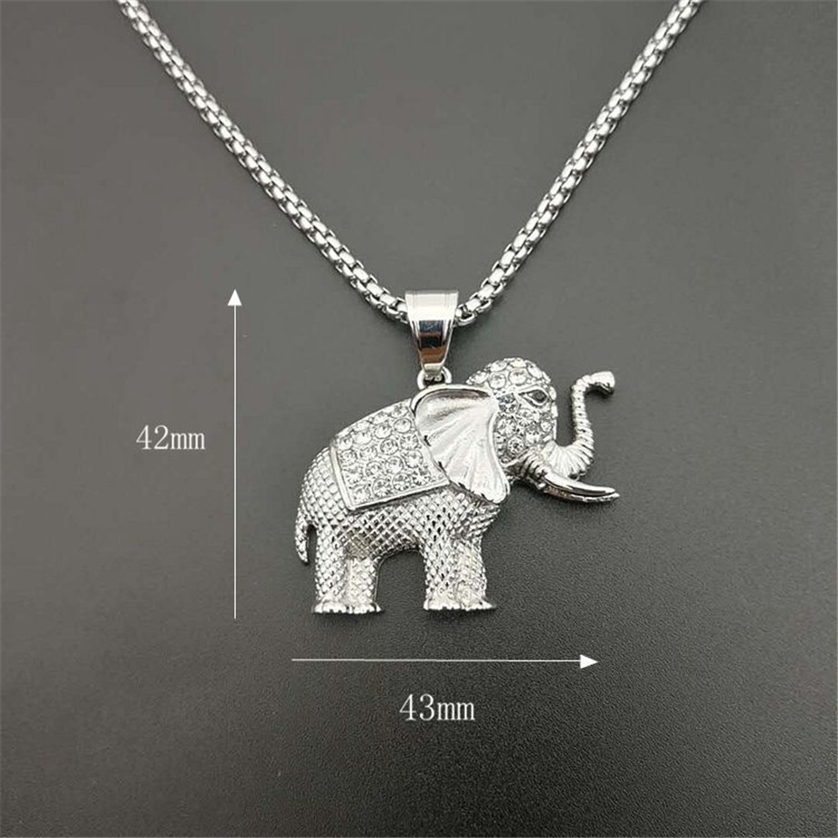Iced Out Zircon Elephant Pendant Animal Necklace Jewelry Gold Color Stainless Steel Bling CZ Men's Hip Hop Pendant For Women