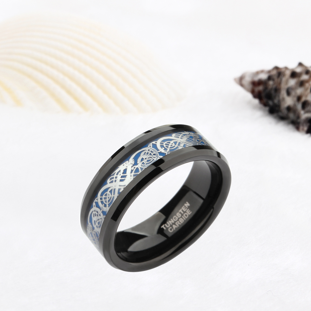 Somen Ring Men 8mm Black Tungsten Ring Celtic Dragon Inlay Polished Male Engagement Rings Cool Jewelry Friend Gifts Anel Hombre D19011502