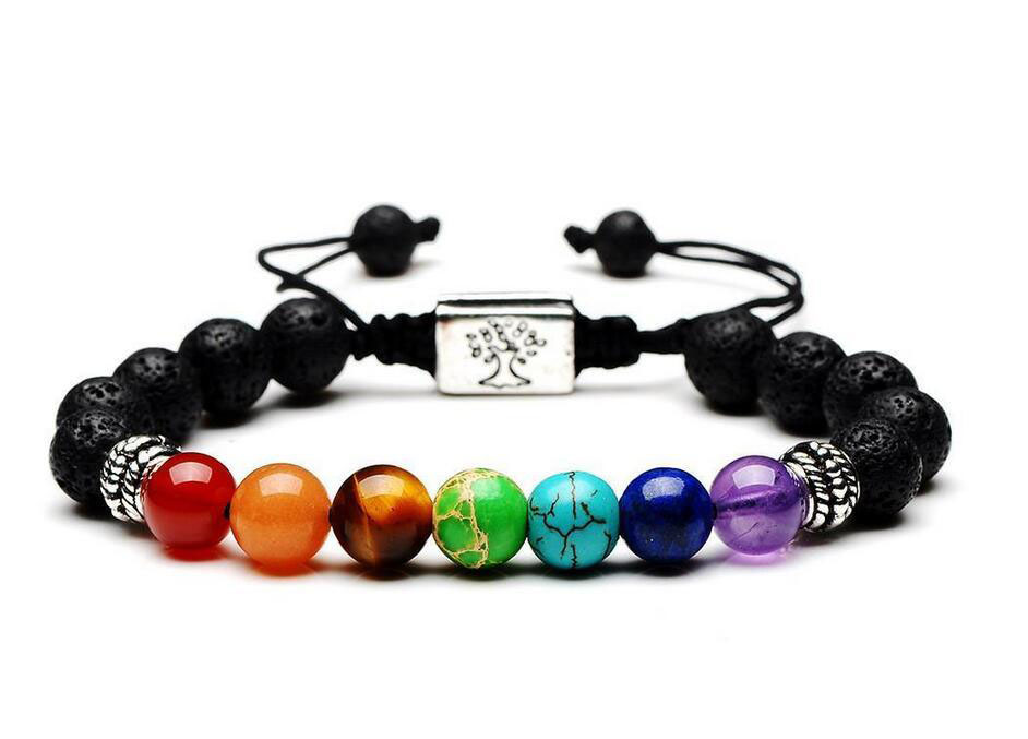 HOT Yoga Handmade 7 Chakra Tree Of Life Charm Bracelets Lava Stones Multicolor Beads Rope Bracelet Women Men Bracelets Bangles