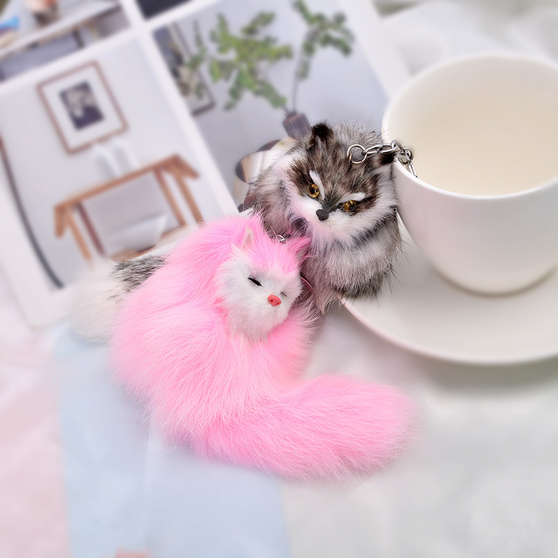 cute fluffy bowknot fox ball key chain rings pompom real fox fur charm keychain car bag key ring women jewelry