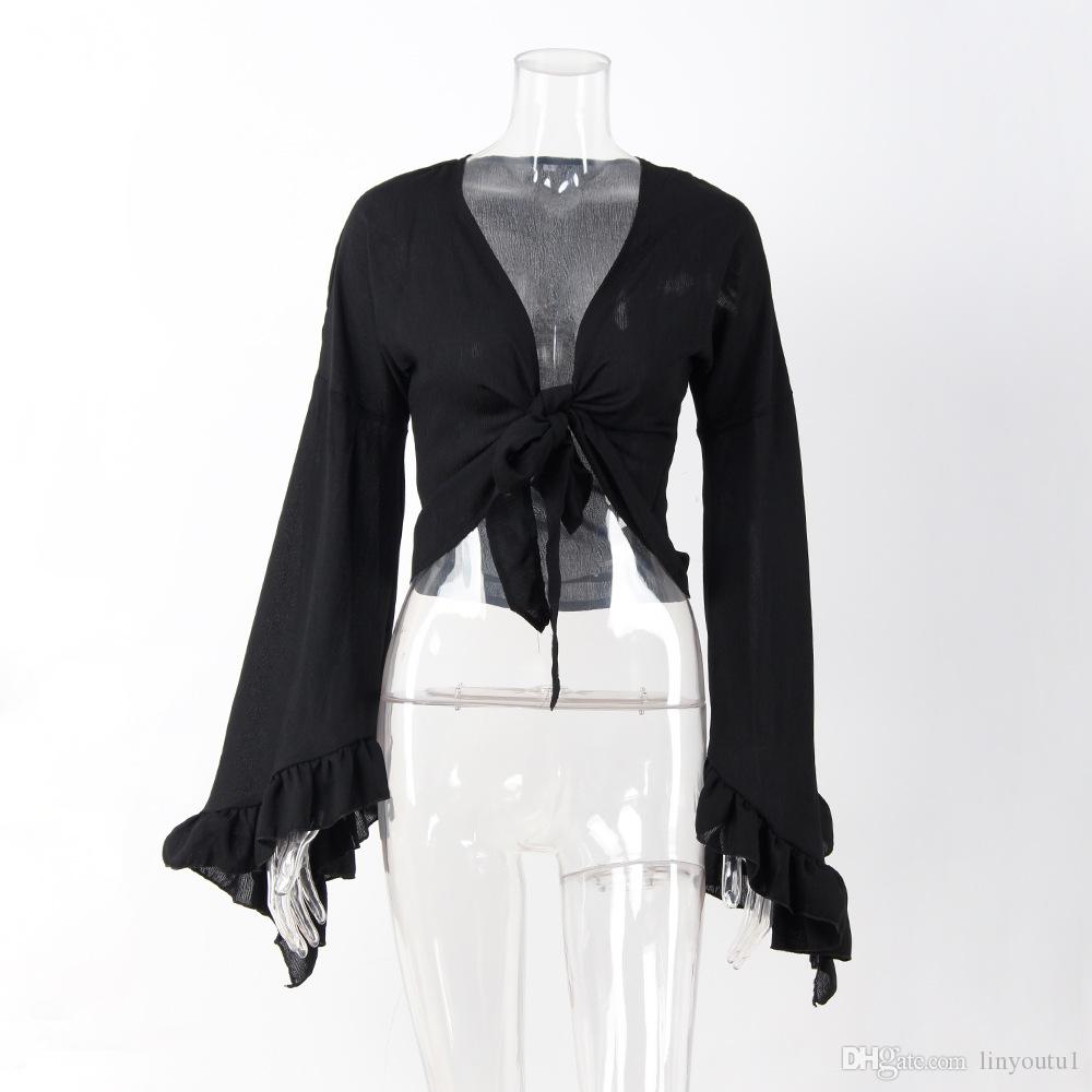 2020 Summer Beach Knot Chiffon Women Blouse Cover Up Sexy V Neck Petal Sleeve Shirt Casual Crop Tops for Female Black