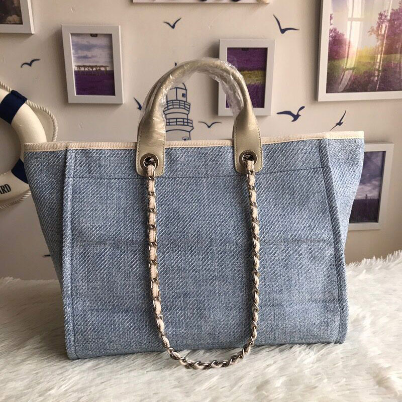 Women designer beach bag canvas handbags high quality shoulder bag fashion Large tote with chain shopping bags, Blue 
Women designer beach bag canvas handbags high quality shoulder bag fashion Large tote with chain shopping bags, Blue