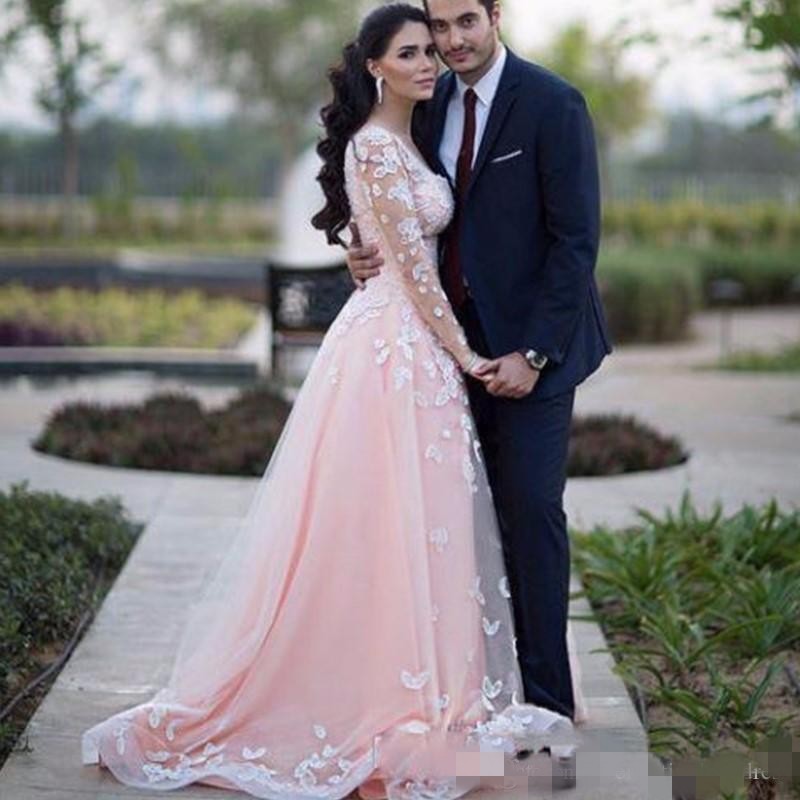 Blush Pink Wedding Dresses Long Illusion Sleeves Lace Applique Sweep Train Tulle Organza Chapel Wedding Bridal Gown vestido de novia
