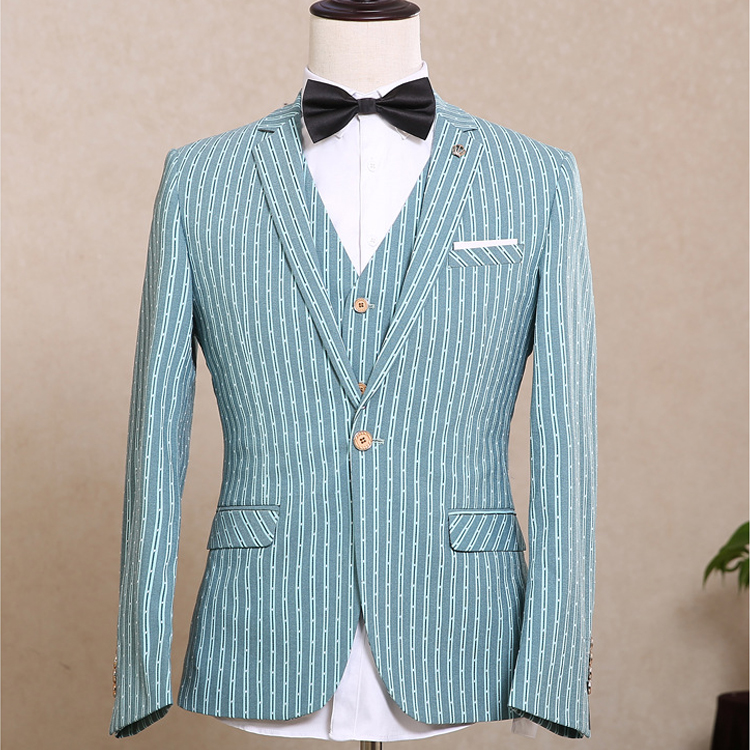 Light Blue Pinstripe Groom Wedding Tuxedos Slim Fit Notch Lapel Mens Three Pieces Prom Pants Suits High Quality Custom Made Jacket
