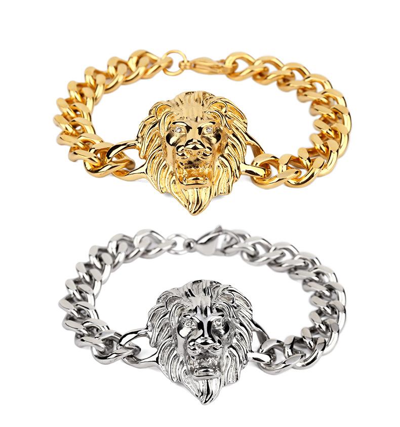 Wholesale-Gold Bracelet Men Hiphop Lion Head Bracelet Charms Stainless Steel Wrist Chains Punk Rock Bracelet 24cm
