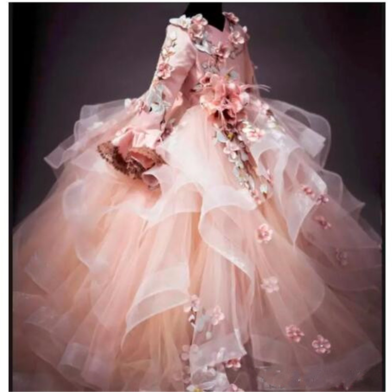 Ballroom Flower Girl Dresses V Neck 3D Floral Appliqued Beaded Feather Girl Pageant Gowns Long Sleeves Ruffle Backless Tiered Birthday Gowns