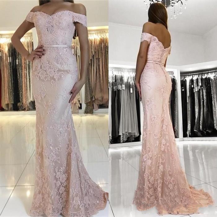 2019 New Sexy Mermaid Prom Dresses Off Shoulder Lace Appliques Beads Open Back Sweep Train Custom Party Dresses Plus Size Evening Gowns